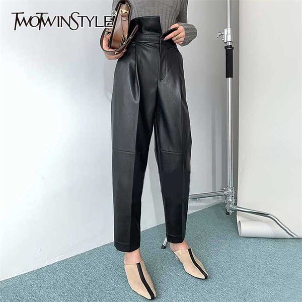 TWOTWINSTYLE PU cuir sarouel pour femmes taille haute cheville longueur noir pantalon décontracté femme mode vêtements 211112