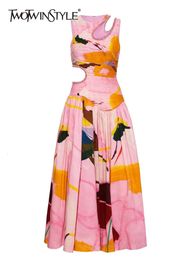 Robes arc-en-ciel twotwinstyle pour femmes rond coules sans manches hautes plis frappez couleur imprimer robe de mode féminine vêtements 240409