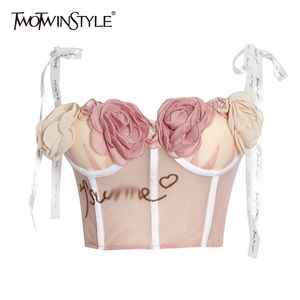 TWOTWINSTYLE Sexy Accesorios florales Chalecos de remiendo para mujeres Slim Colorblock Lace Up Sling Sin mangas Tops cortos Mujer 220628