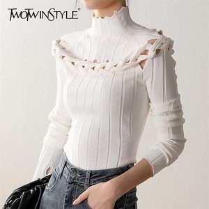 Twotwinstyle Slim Twist Kink Suéter para mujer Cuello alto Manga larga Hollow Out Sexy Punto Tops Mujer Moda Nueva Ropa 201223