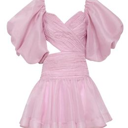 Twotwinstyle solide uitgesneden jurk voor dames v nek korte mouw hoge taille ruches mini -jurken vrouwelijke zomerkleding 220613