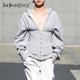 Twotwinstyle Spring Sweatshirts pour femmes Sweats à capuche à manches longues Col V Taille haute Slim Sweat-shirt Tops Femme Mode Nouveau 201103