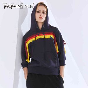 Twotwinstyle Streetwear Patchwork Gedrukt Sweatshirt Voor Vrouwen Hooded Kraag Lange Mouw Hit Kleur Casual Sweatshirts Vrouw 210517
