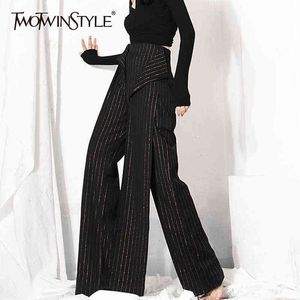 Twotwinstyle gestreepte zwarte casual rechte broek voor vrouwen Koreaanse mode hoge taille brede beenbroek vrouwtjes herfst stijl 211124
