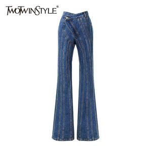 Deuxtwinstyle rayé Denim Flare Jeans pour femmes taille haute décontractée pantalon irrégulier femme mode vêtements automne 211129