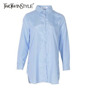 Twotwinstyle zomer Casual onregelmatige dames blouse revers revers Lange mouw plus size gestreepte shirt vrouwelijke mode kleding 210401