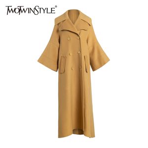Twotwinstyle tweed casual jas voor vrouwen revers lange mouw losse minimalistische temperament trench vrouwelijke mode winter 210517