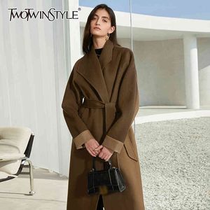 Twotwinstyle tweed casual jas voor vrouwen revers lange mouw sjerpen lace-up solide minimalistische temperament jassen vrouwelijke 210517