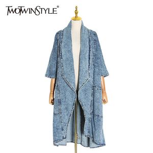 Twotwinstyle Vintage Denim Dames Windbreaker Revers Collar Half Mouw Hoge Taille Trench Coats Vrouwelijke Mode Kleding 211012