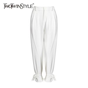 TWOTWINSTYLE blanc plissé jambe large pantalon pour femmes taille haute décontracté pantalon ample femme automne Style à la mode 210915