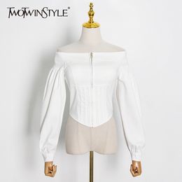 Twotwinstyle witte tuniek korte tops voor vrouwen slash nek bladerdeeg lange mouw effen shirt vrouwelijke mode kleding herfst 210517