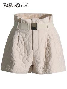 Twotwinstyle wintershorts voor vrouwen hoge taille patchwork pocket minimalistisch patchwork drawstring casual korte broek vrouwelijk 240325