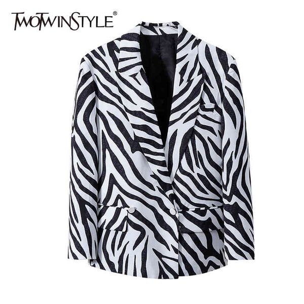 Twotwinstyle Zebra Print Blazer para mujeres con muescas de manga larga Hit Color Casual High Street Blazers Ropa de moda femenina 210517