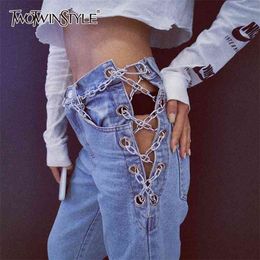 Twotyle Casual Pantalon pleine longueur High Wiast Patchwork Chaînes Hit Couleur Droite Vintage Jeans pour vêtements féminins Mode 210629