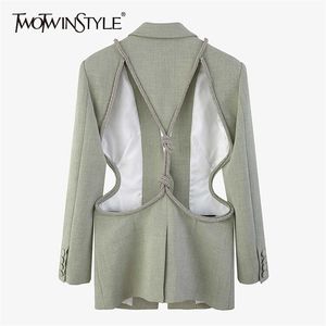 Deuxtyle évider solide Blazer pour les femmes cranté à manches longues décontracté coréen Blazers femme printemps mode vêtements 211006