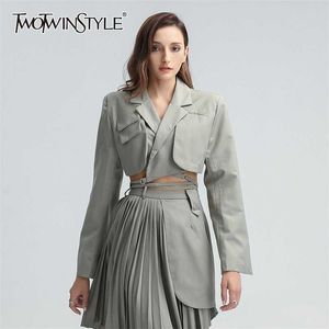 TWOTYLE Patchwork Bandage Blazer Pour Femmes Col Entaillé À Manches Longues Évider Plus La Taille Manteau Femme Coréenne Vêtements 211006