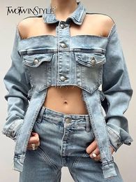 TWOTYLE solide évider irrégulière Denim manteau pour les femmes revers à manches longues Patchwork simple boutonnage Streetwear manteaux femme 240311