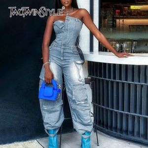 Twotyle Solid Patchwork Pocket Casual Denim Jumpsuit Geschikt voor vrouwen strapless hoge temperatuur dames jumpsuit 240509