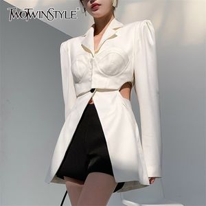 TWOTYLE blanc jolie pochette pour femmes cranté à manches longues évider coréen droite Blazers femme printemps mode 211006