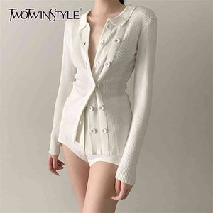 TWOTYLE blanc tricoté Cardigans femme col en V à manches longues taille unique pull mince pour les femmes mode vêtements automne 210922