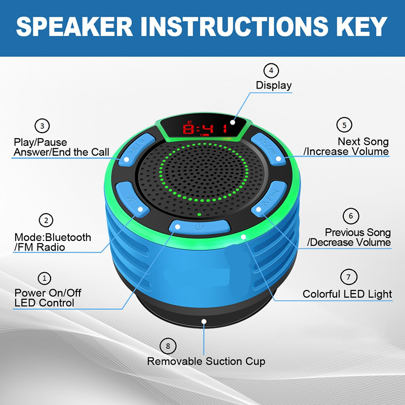 FreeShipping TWS Bluetooth Speakers IPX7 Waterproof Portable Wireless Shower Speaker with LED Display FM Radio Suction Cup