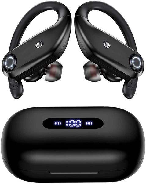 Auriculares Tws Auriculares Bluetooth 4 micrófonos Llamada clara 100 horas de tiempo de reproducción con estuche de carga inalámbrico de 2200 mah Auriculares inalámbricos sobre la oreja para deportes, correr y jugar