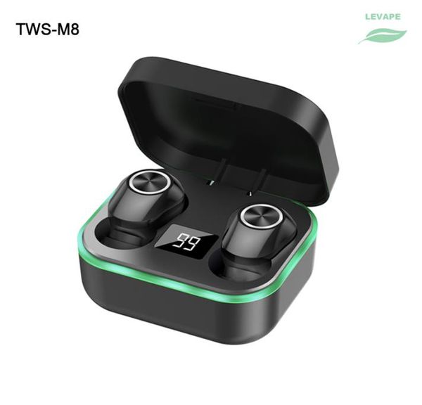 Casque TWS Lumière respiratoire sans fil Bluetooth V51 Casque étanche intra-auriculaire M8 avec affichage LED Étui de charge 300 mAh Mini Sport 1605190