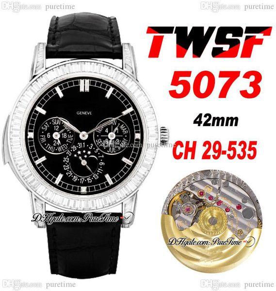 TWSF 5073 Calendrier perpétuel Phase de lune CH29-535 Montre automatique pour homme Pavée de diamants rectangulaires Cadran noir Marqueurs de diamant Bracelet en cuir Super Edition Puretime