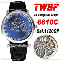 TWSF Patrimony Perpetual Calendar 6610C A1120 Automatische Mens Horloge La Musique du Temps Staal Case Blue Texture Dial Black Lederen Super Edition Puretime B2