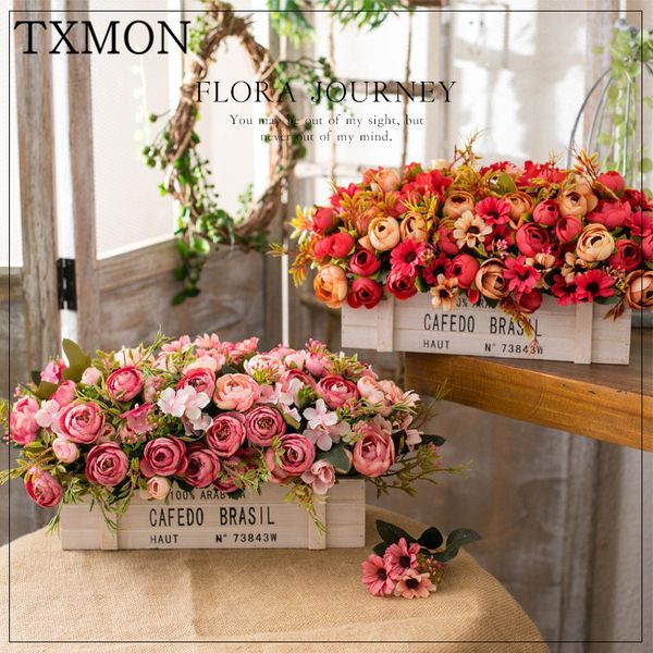 Txmon américain fleur artificielle clôture en bois décoration fausse fleur salon balcon table basse maison bouquet ensemble en pot 201222