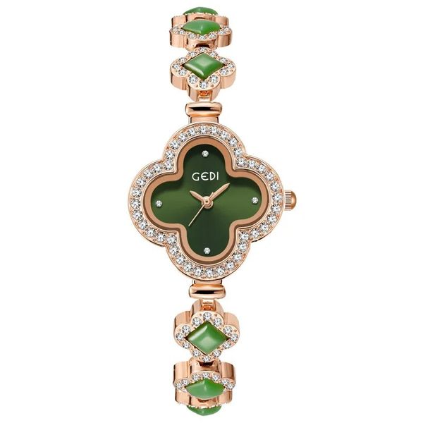 Ty_Womens chanceux trèfle à quatre feuilles lumière de luxe vert agate bracelet quartz étanche montre montres cadeaux