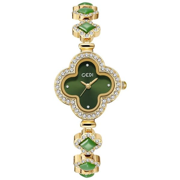 Ty_Womens chanceux trèfle à quatre feuilles lumière luxe vert agate bracelet quartz montre étanche montres-bracelets