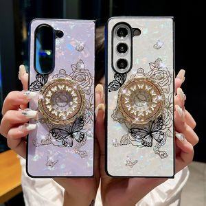 Fundas Tybomb ZFold5 con flores y mariposas de diamantes para Samsung Galaxy Z Fold 5 4 3 Fold5 ZFold4, plástico duro para PC, reloj de diamantes de imitación ostentoso de lujo, funda con soporte para anillo de dedo 360