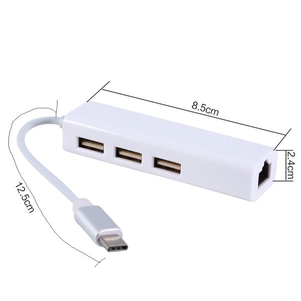 Tipo C para 3 portas Rj45 Ethernet Hub USB 2.0 Cabo adaptador de rede para dispositivos USB tipo C para computador Cabo branco