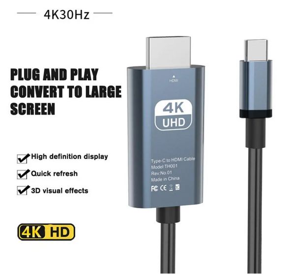 Câble adaptateur de Type C vers HDMI, câble de convertisseur HDTV 1080p 4K 30Hz 60HZ, port USB-C pour projecteur, PC, ordinateur portable, tablette