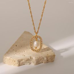 Tzev pendentif colliers Uworld étanche bijoux cadeau en acier inoxydable creux ovale collier de perles Vintage clair Zircon eau douce