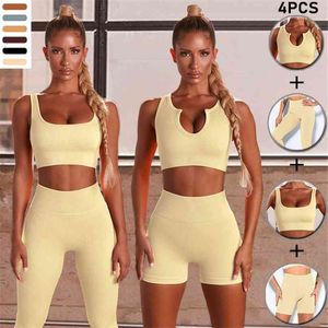 Ensemble de sport sans couture à col en U pour femmes, marron, deux pièces, haut court, soutien-gorge, leggings, yoga, tenue d'entraînement, fitness, vêtements de gymnastique 210802