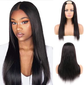 U Part Wig – perruques de cheveux humains lisses pour femmes noires, demi-perruque 10A 2x4 en forme de U, cheveux humains Remy à clips, 16 pouces