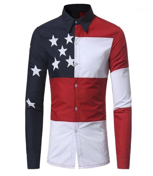 Camisas de patchwork de patrón de bandera de EE. UU. Camisas de vestir para hombre de la marca Manga larga Fit Casual Man Chemise Homme17554948