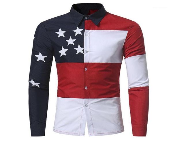 Camisas de patchwork de patrón de bandera de EE. UU. Camisas de vestir para hombre de la marca Manga larga Fit Casual Man Chemise Homme14004549