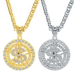 Signe dollar américain symbole médaille d'or 360 degrés rotatif pendentif charme or rempli pièce de monnaie en argent collier bijoux lourd diamant CZ