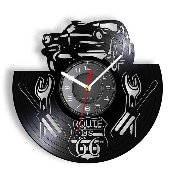 U.S. Route 66 Sign Monther Road Vinyl Record Clock Car Garage Decor U.S. Highway 66 Cut Out Longplay Wall Clock Mancave Artwork H1230