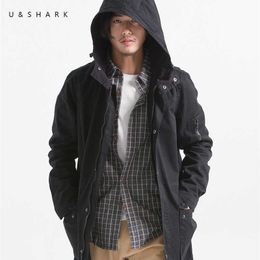 USHARK Automne 100% coton Trench Coat Hommes Vêtements de haute qualité Sweats à capuche noirs Trench Coat Oversize Coupe-vent Veste Mâle 210603