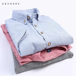 Ushark blauw gestreepte shirts Mannen mode klassieke korte mouw zomer shirts 100% katoen ademend casual shirt Koreaans mannetje 210603