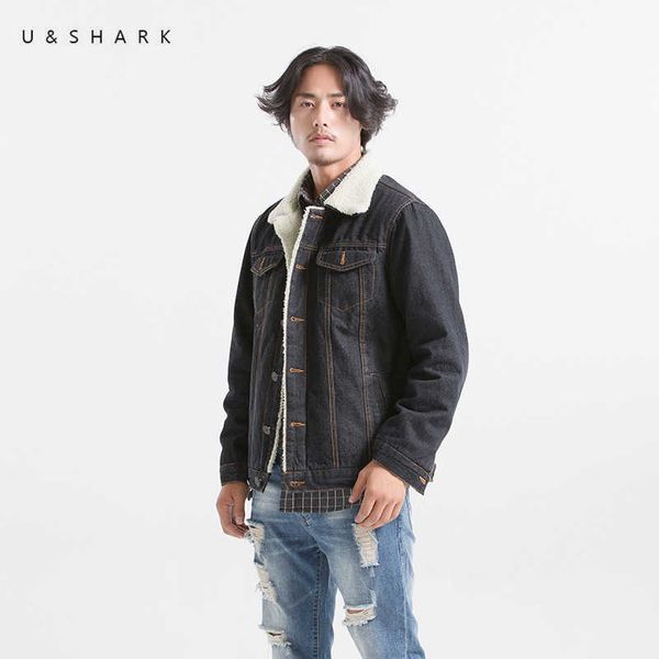 USHARK, chaquetas vaqueras negras para hombre, estilo Vintage, forro de lana, abrigos vaqueros gruesos, abrigos informales de invierno de ajuste Regular para hombre 210603