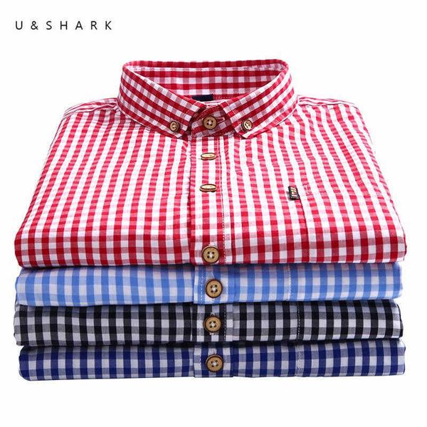 USHARK Petite chemise à carreaux Été Chemises à manches longues pour hommes Blouse Robe en coton Chemises Mode Coréenne Vêtements Social Mâle 210603