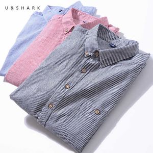 Ushark gestreepte shirts voor heren lange mouw casual shirt katoen oxford jurk shirt rood blauw slim fit bedrijf formele zachte stof 210603