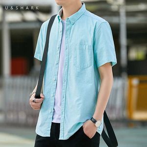 Ushark zomer ademend groen oxford shirt korte mouw mannen blouse mode zacht katoen dagelijks leven jonge mannen casual shirt 210603