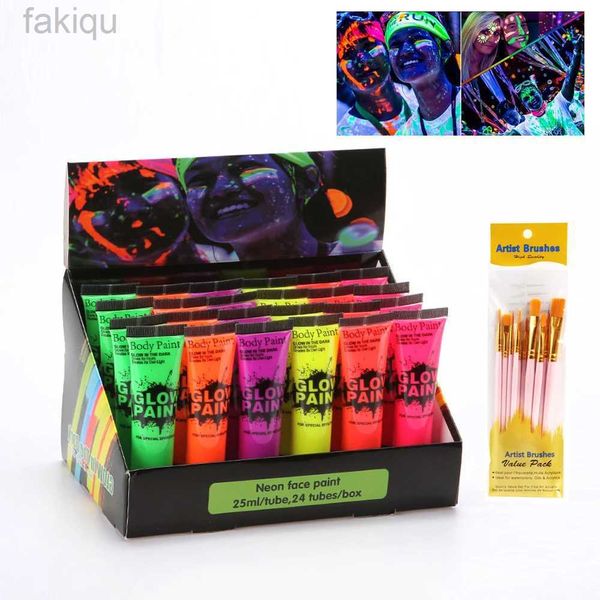 U0DS PEINTURS BODY 6 / 24PCS PEINTURE D'ART CORPS Festival fluorescent Festival Halloween Cosplay Makeup Party Tools Kids Face Paint UV Glow Painting D240424