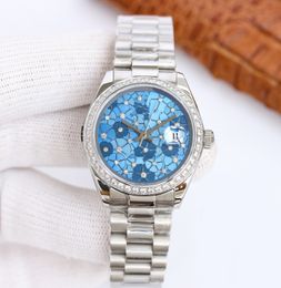 U1 montre de luxe pour femme cadran bleu ciel 31mm motif de fleurs petite fenêtre lentille convexe calendrier agrandi montre de luxe
